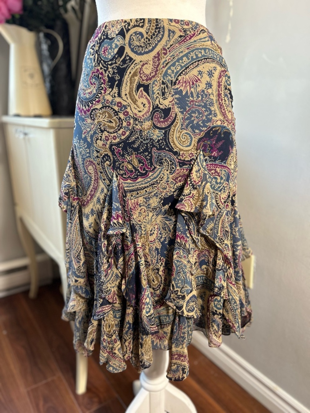 Lauren Ralph Lauren 100% Silk Paisley Tiered Ruffle Midi Skirt – Size 14